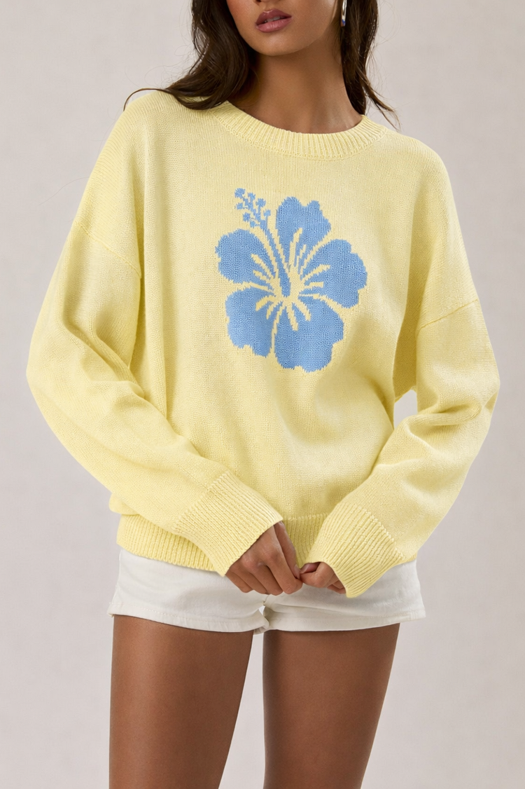 LONG SLEEVE CREW NECK HIBISCUS GRAPHIC SWEATER