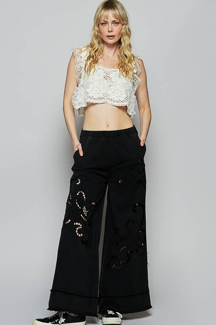 Vintage washing outseam woven twill wide pants