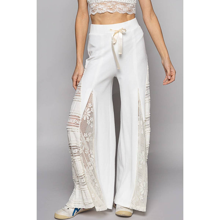 Lace Contrast Elastic Band Satin Strap Solid Wide Pants