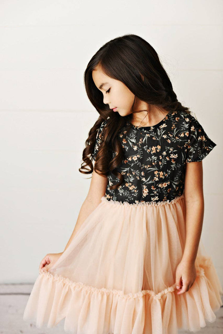 Kids Black & Peach Floral Tulle Fancy Spring Easter Dress