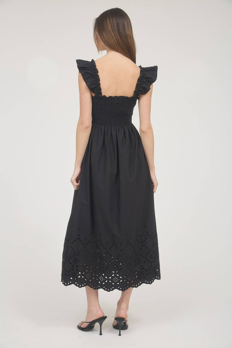 SMOCKED RUFFLE SLEEVE EYELET HEM MIDI DRESS