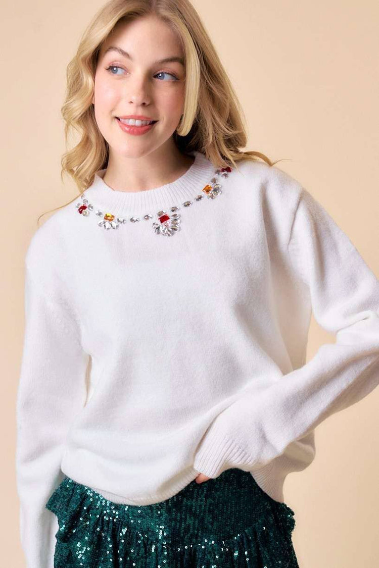Color Stone Trim Formal Sweater