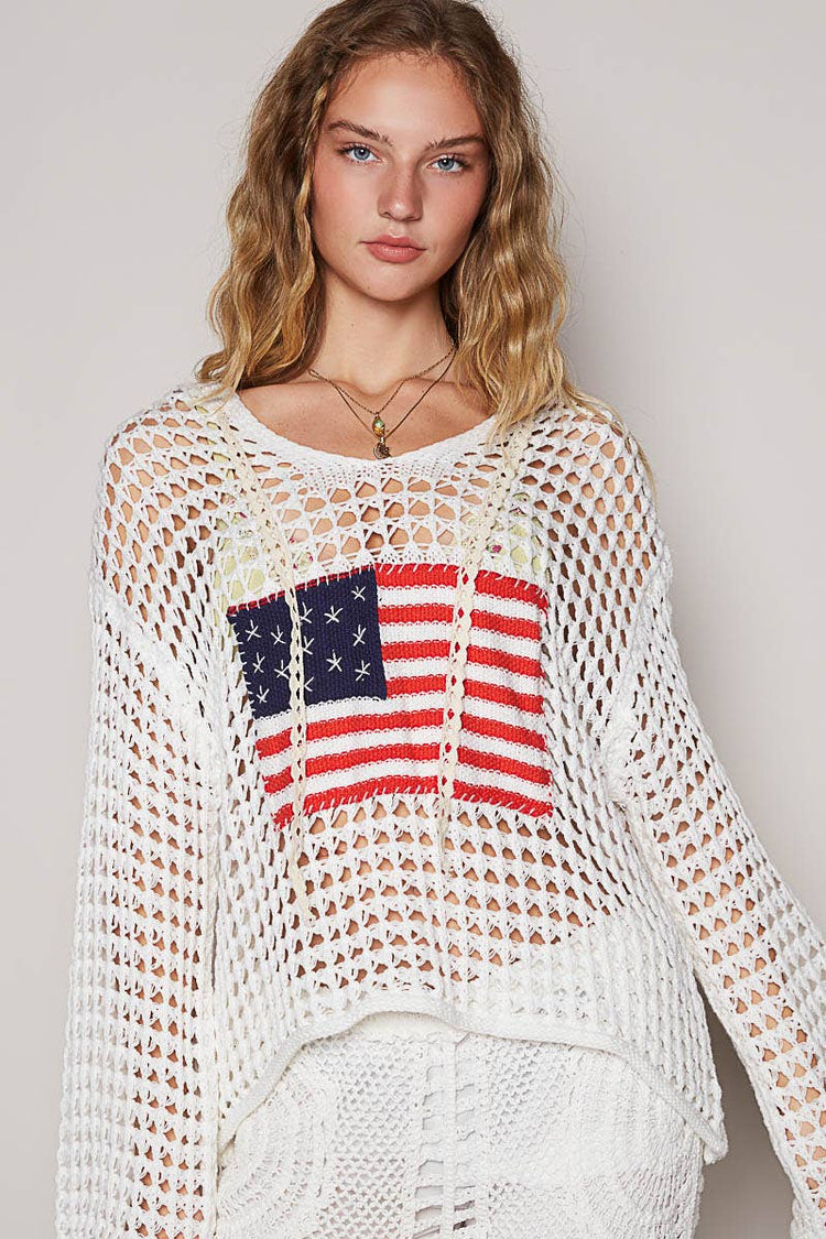 Long sleeve American flag hoodie thin sweater top