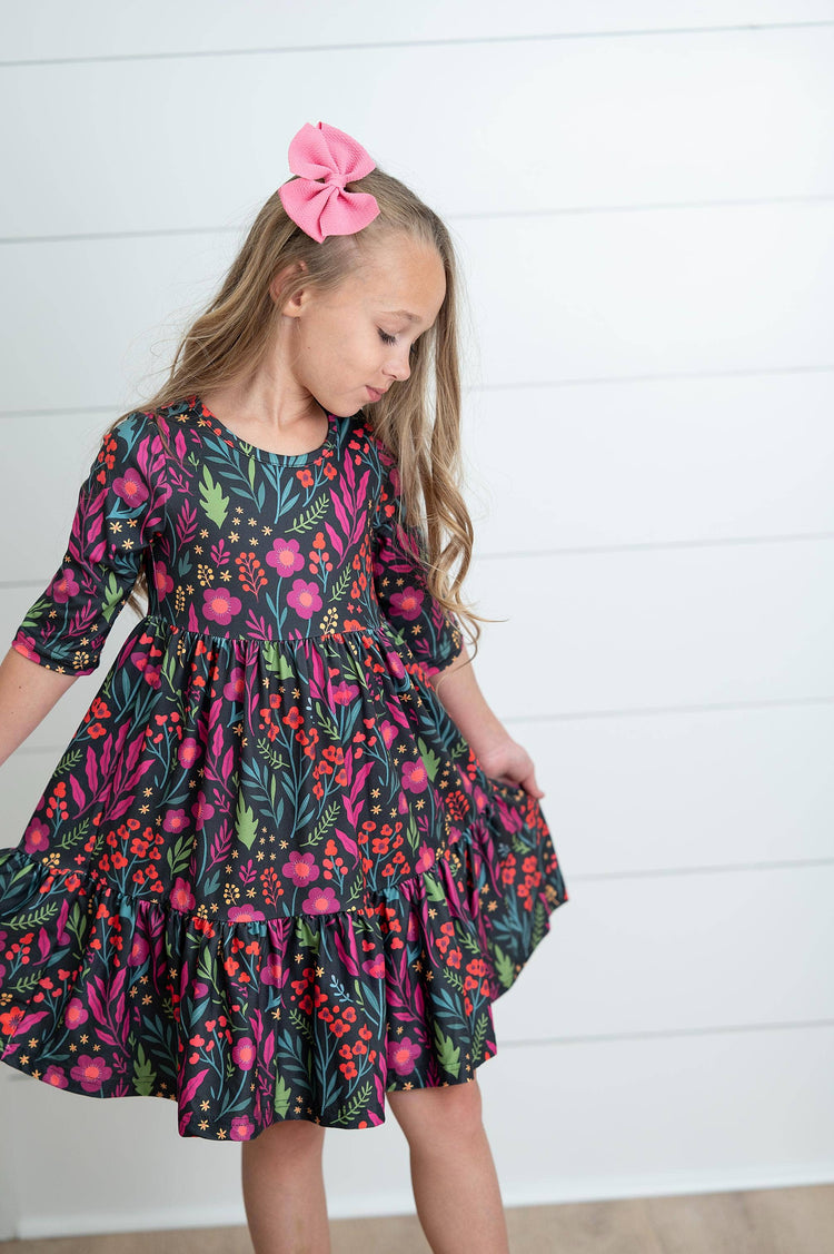 Girls Emma Dark Magenta Fall Floral Tiered Twirl Dress