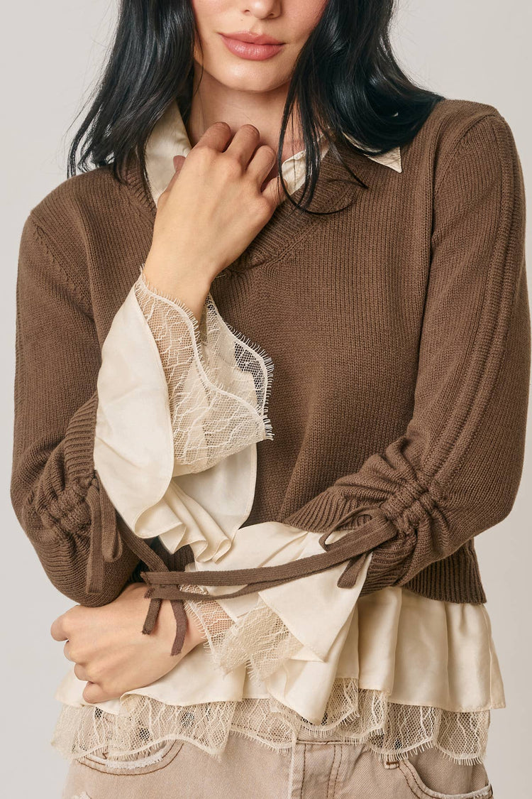 Satin Lace Shirt Insert Sweater (1)