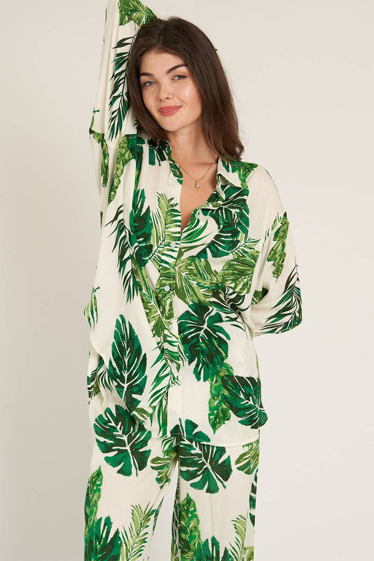 Leaf Print Long Sleeve Button Down Shirt