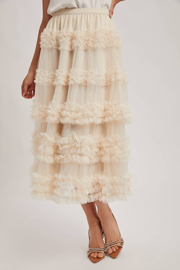 ROMANTIC RUFFLE TIERED TULLE MIDI SKIRT