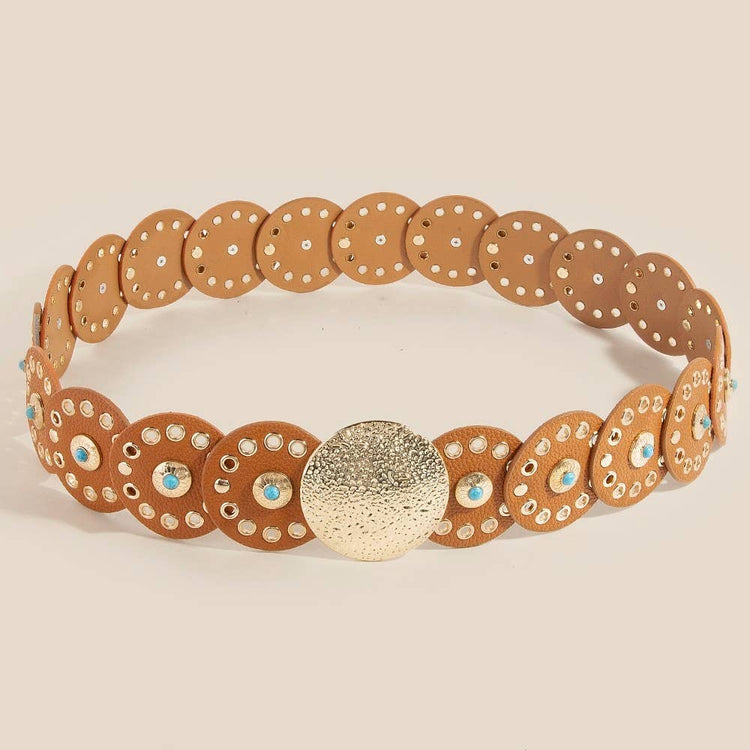Western Turquoise Stud Faux Leather Disc Concho Chain Belt