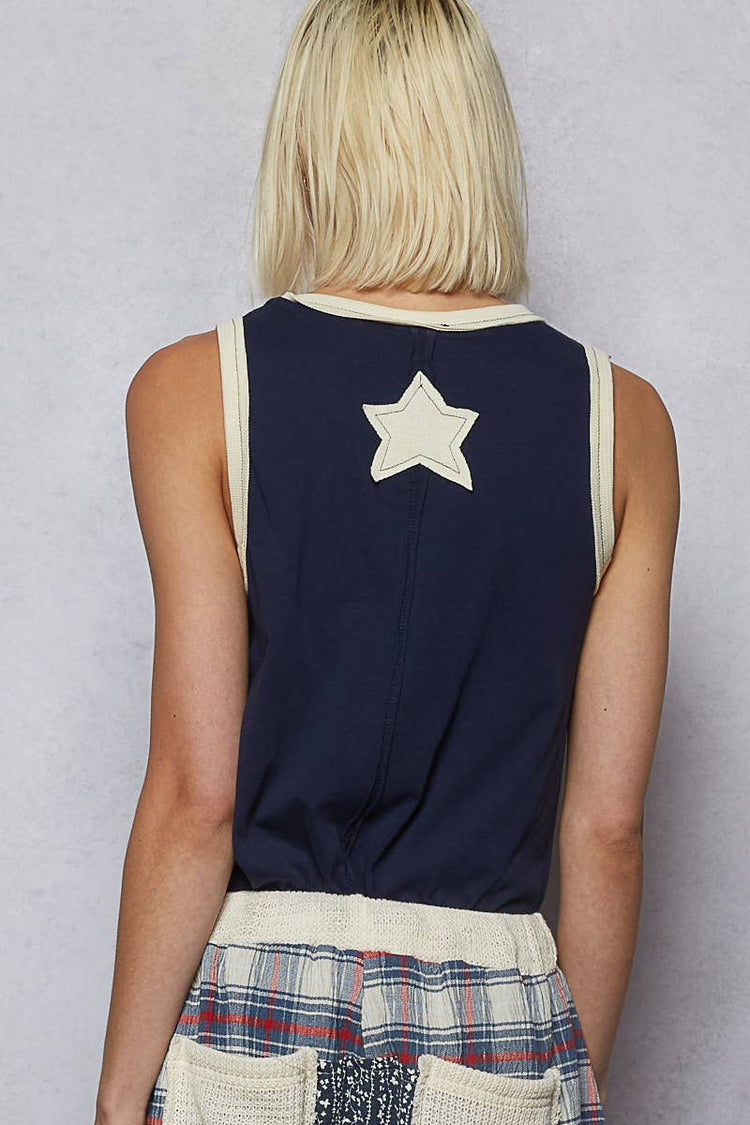 V-neck sleeveless front star patches solid basic top