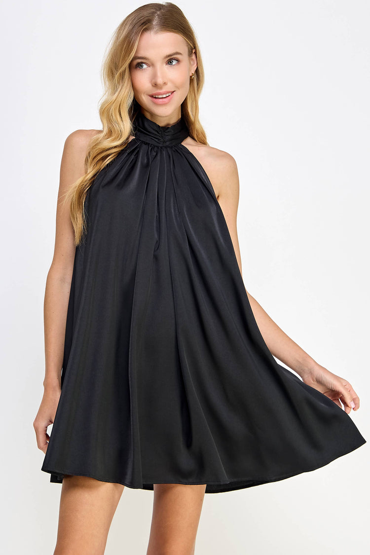 Mock Neck Halter Satin Mini Dress