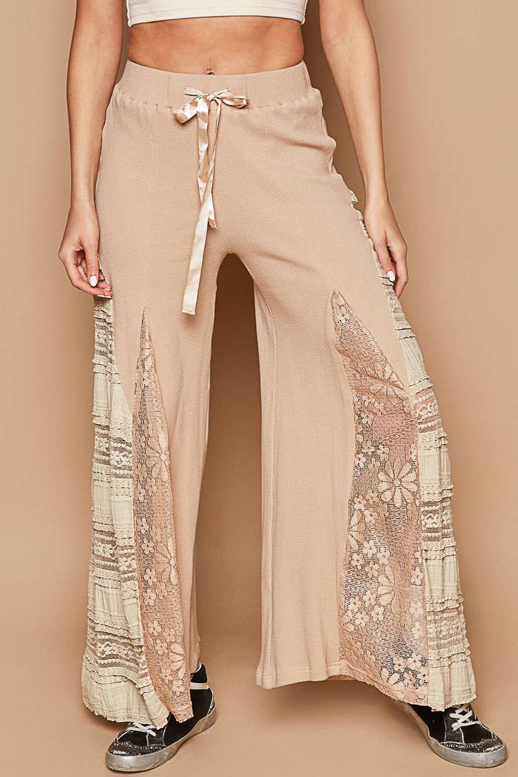Lace Contrast Elastic Band Satin Strap Solid Wide Pants
