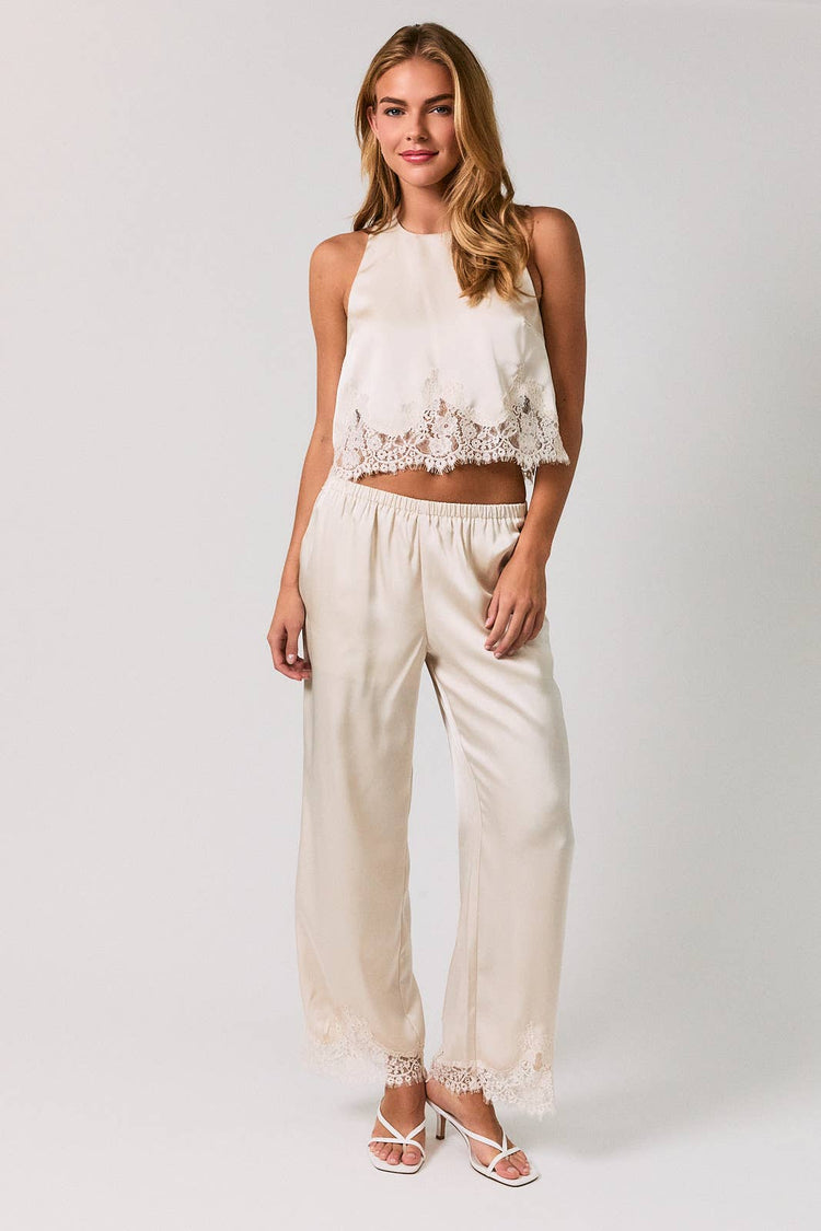 ELASTIC WAIST LACE TRIM WIDE LEG PANTS