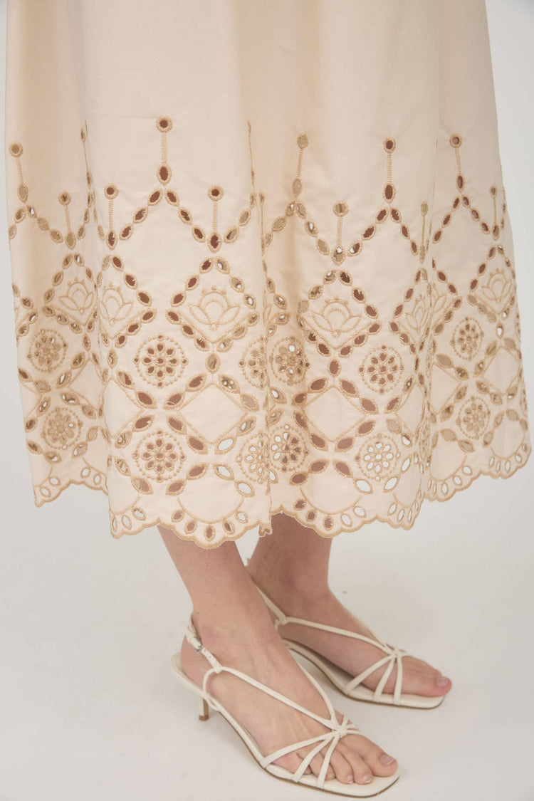 SMOCKED RUFFLE SLEEVE EYELET HEM MIDI DRESS