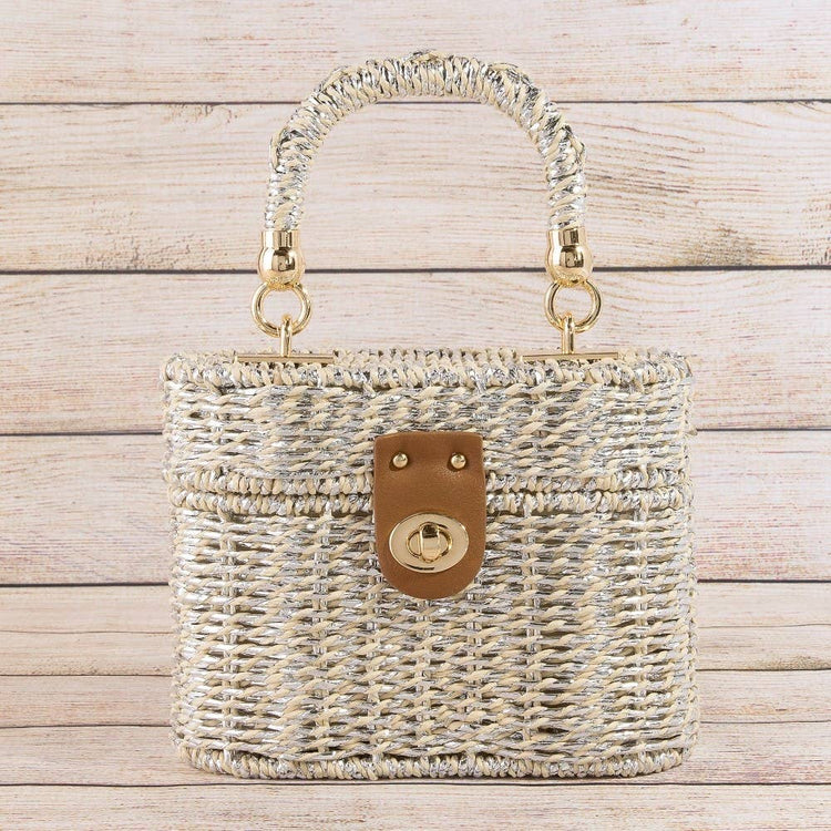 Metallic Woven Straw Top Handle Box Bag