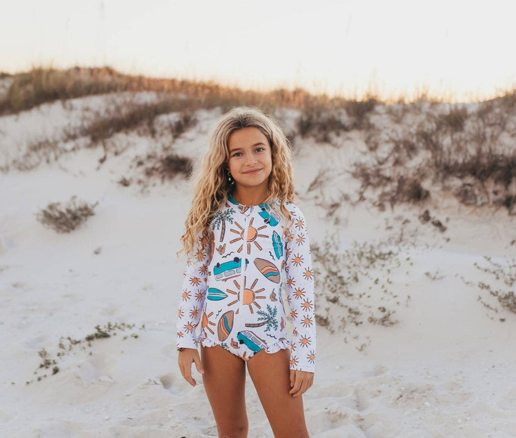 Kids Teal Surf Life Zip Rash Guard One Piece Swimsuit
