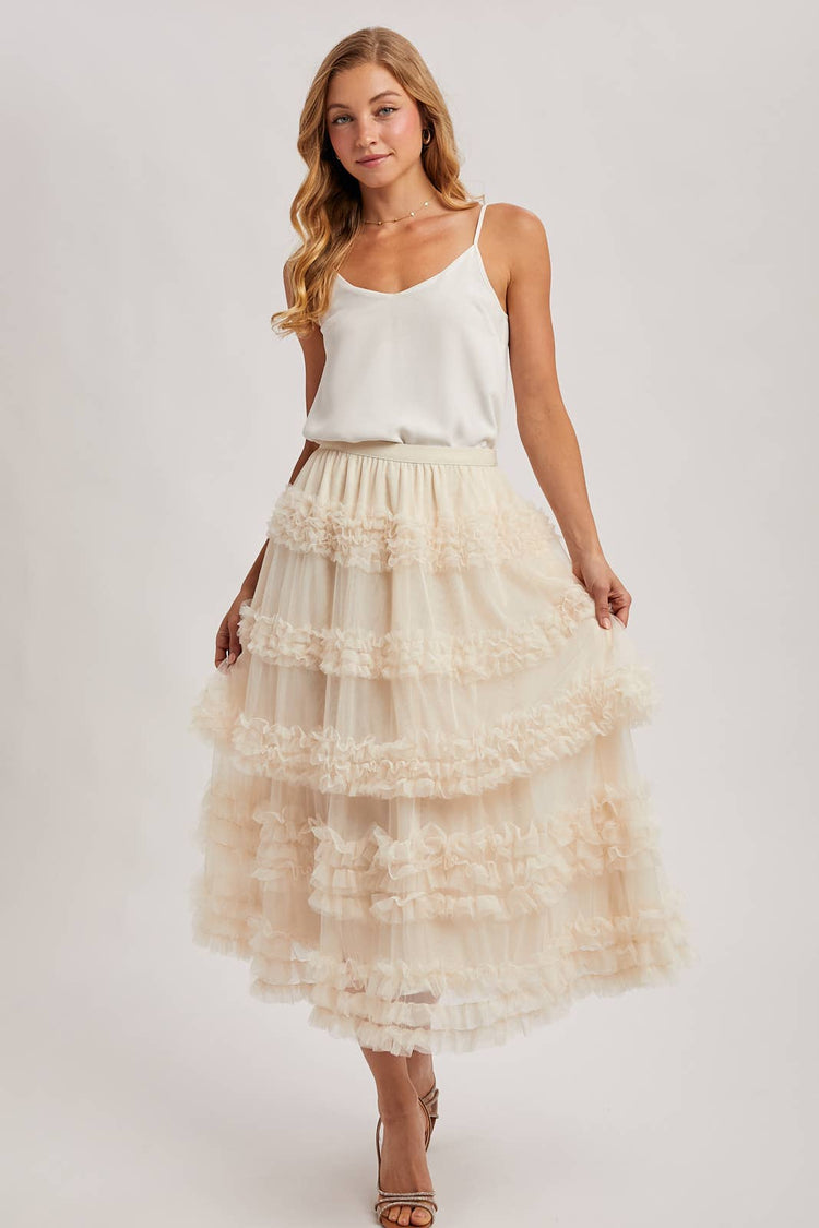 ROMANTIC RUFFLE TIERED TULLE MIDI SKIRT