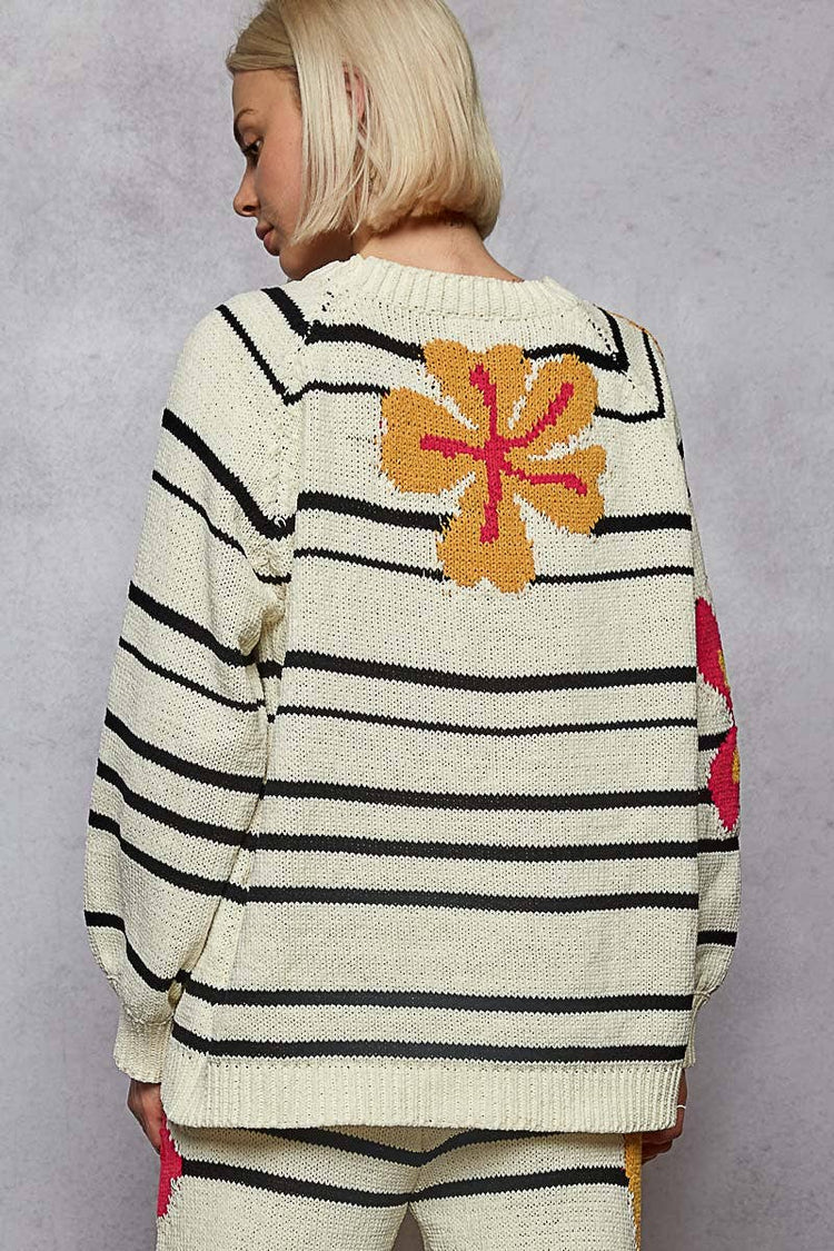 Round neck floral pattern striped chenille sweater top