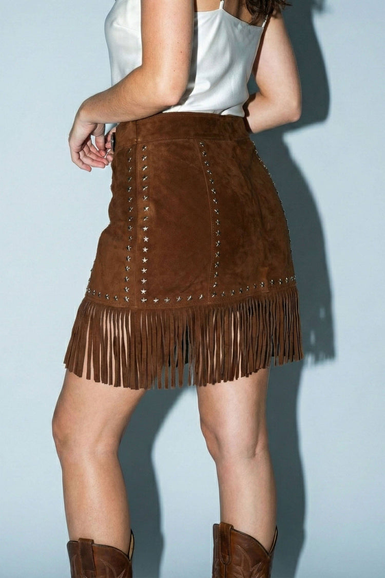 Vegan Suede Star Fringe Mini Skirt
