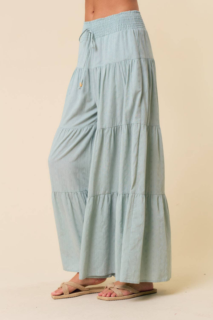 TIERED WIDE PANTS WITH SMOCKED WAIST