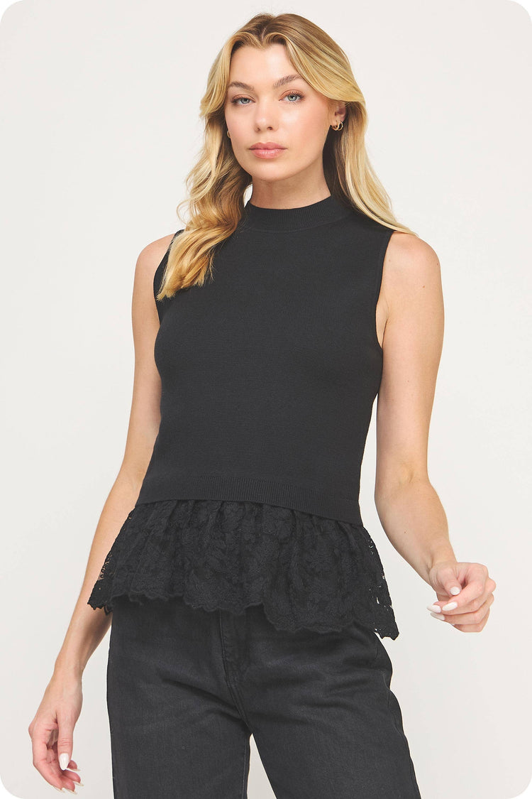 Lace Contrast Mock Neck Sleeveless Knit Top