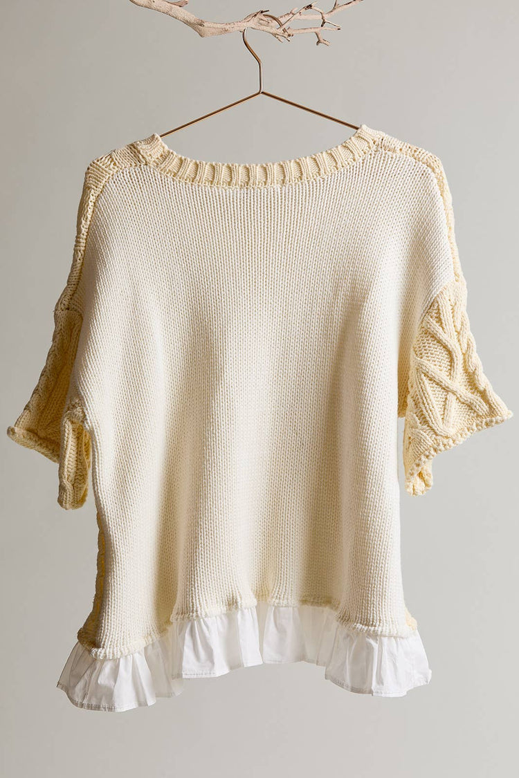 CABLE 3/4" SLEEVE KNIT WITH RUFFLE DETAIL