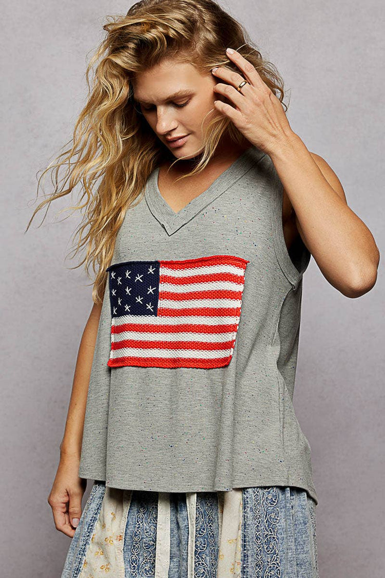 Handmade American Flag Patch Rib V-Neck Sleeveless Top
