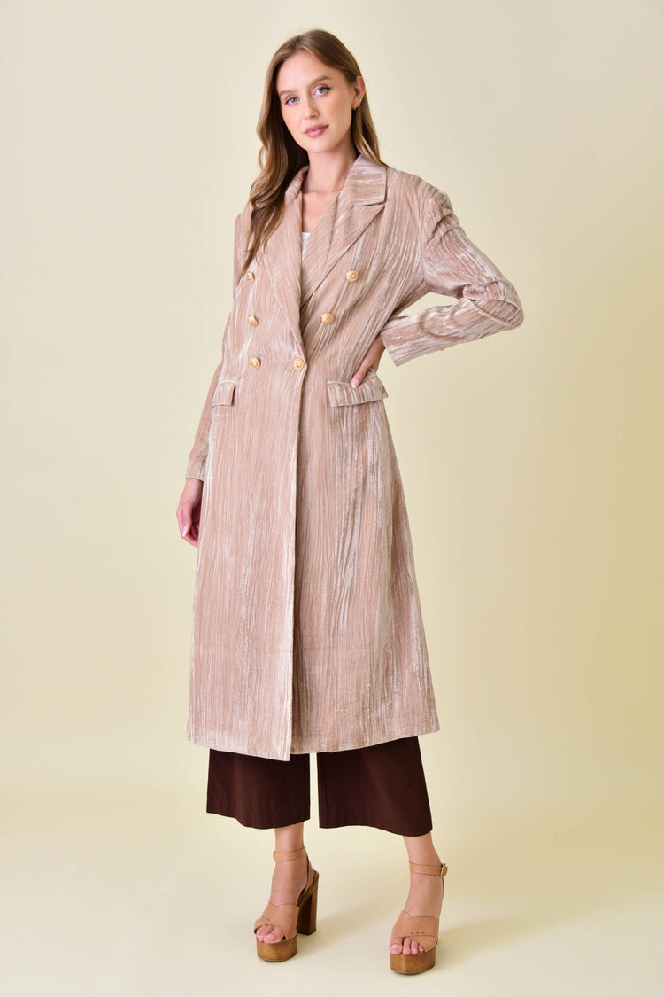 CHIC DOUBLE BREASTED WRINKLED VELVET LONG COAT