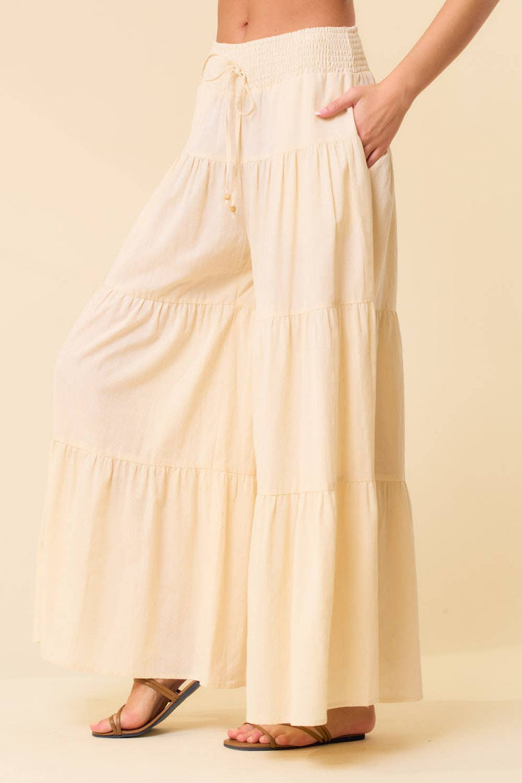 TIERED WIDE PANTS WITH SMOCKED WAIST
