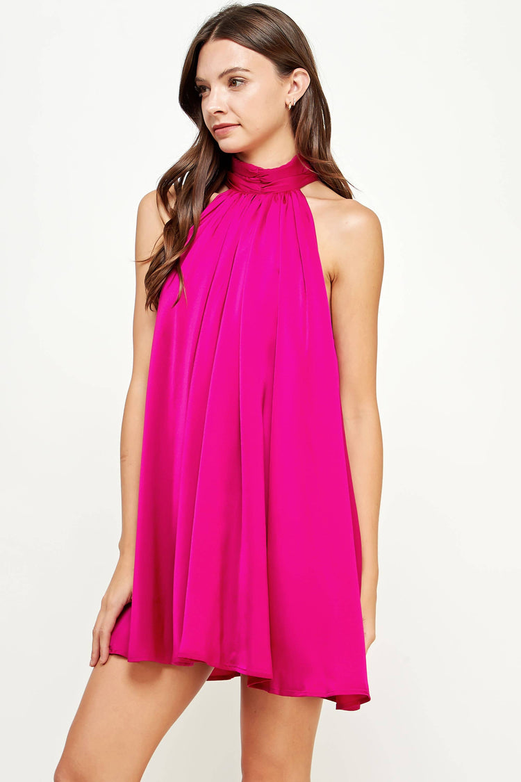 Mock Neck Halter Satin Mini Dress