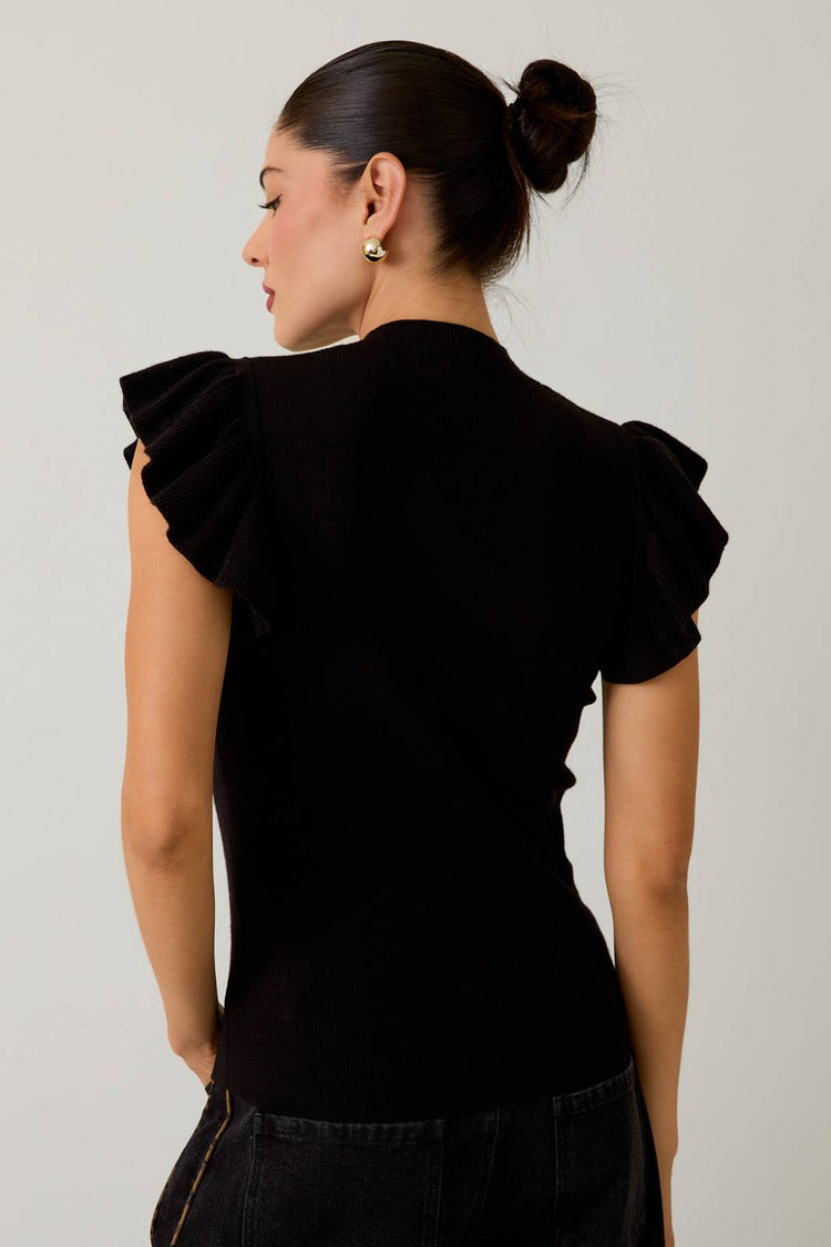 MOCK NECK RUFFLE SLEEVE KNIT TOP