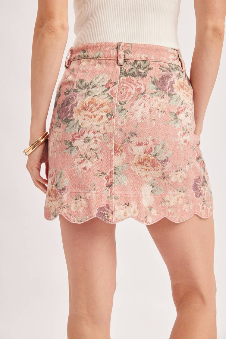 VINTAGE FLORAL PRINT BUTTON DOWN SCALLOPED HEM MINI SKIRT