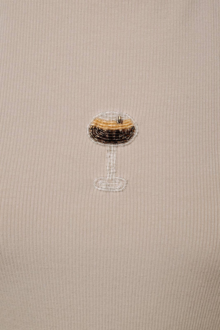 Beaded Champagne Glass Short Sleeve Ribbed Top
