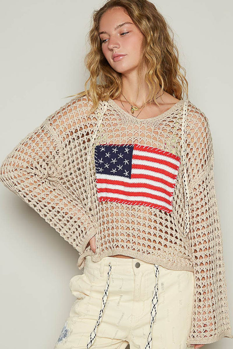Long sleeve American flag hoodie thin sweater top
