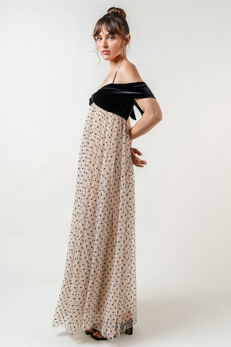 Off the Shoulder Velvet Mesh Polka Dot Maxi Dress
