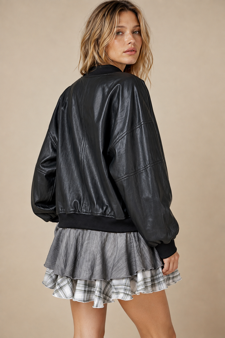 Cropped Faux-Leather Bomber Jacket