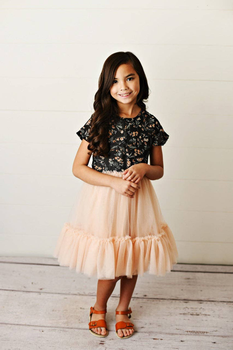 Kids Black & Peach Floral Tulle Fancy Spring Easter Dress