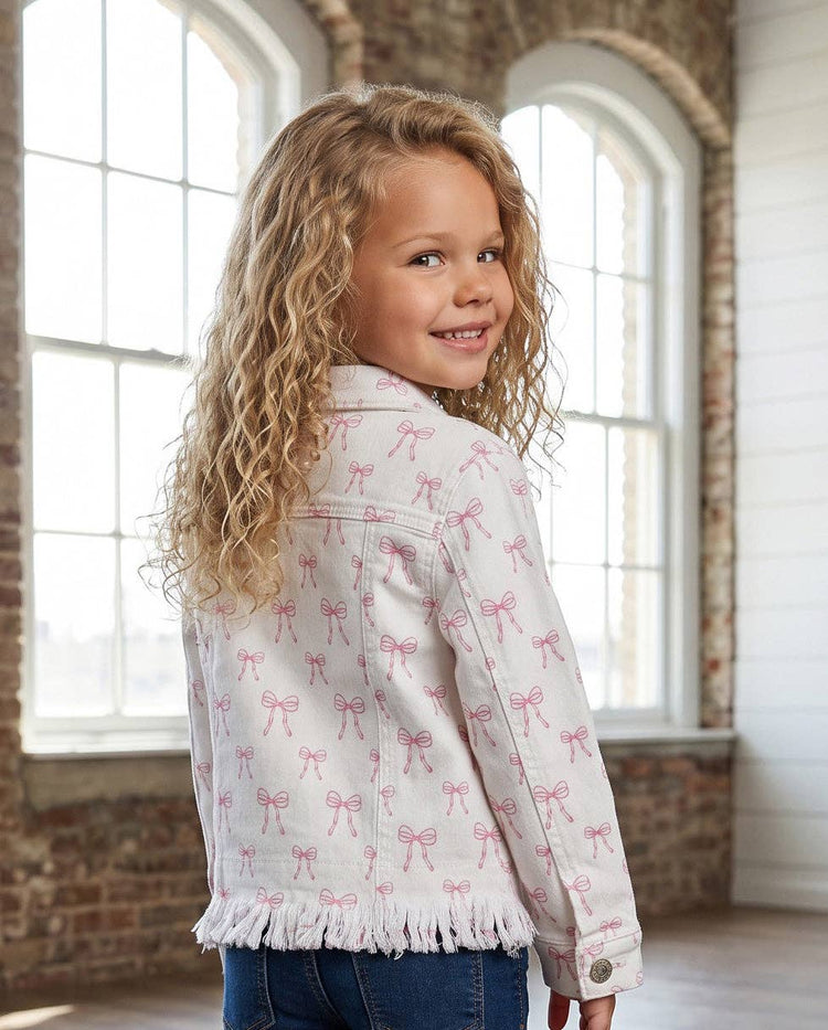 Coquette Pink Bow White Fringe Button Denim Jacket