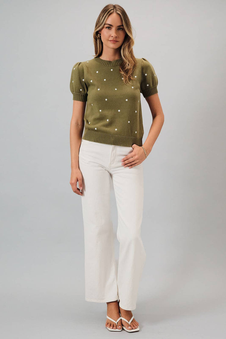 Embroidered Polka Dot Short Puff Sleeve Knit Sweater