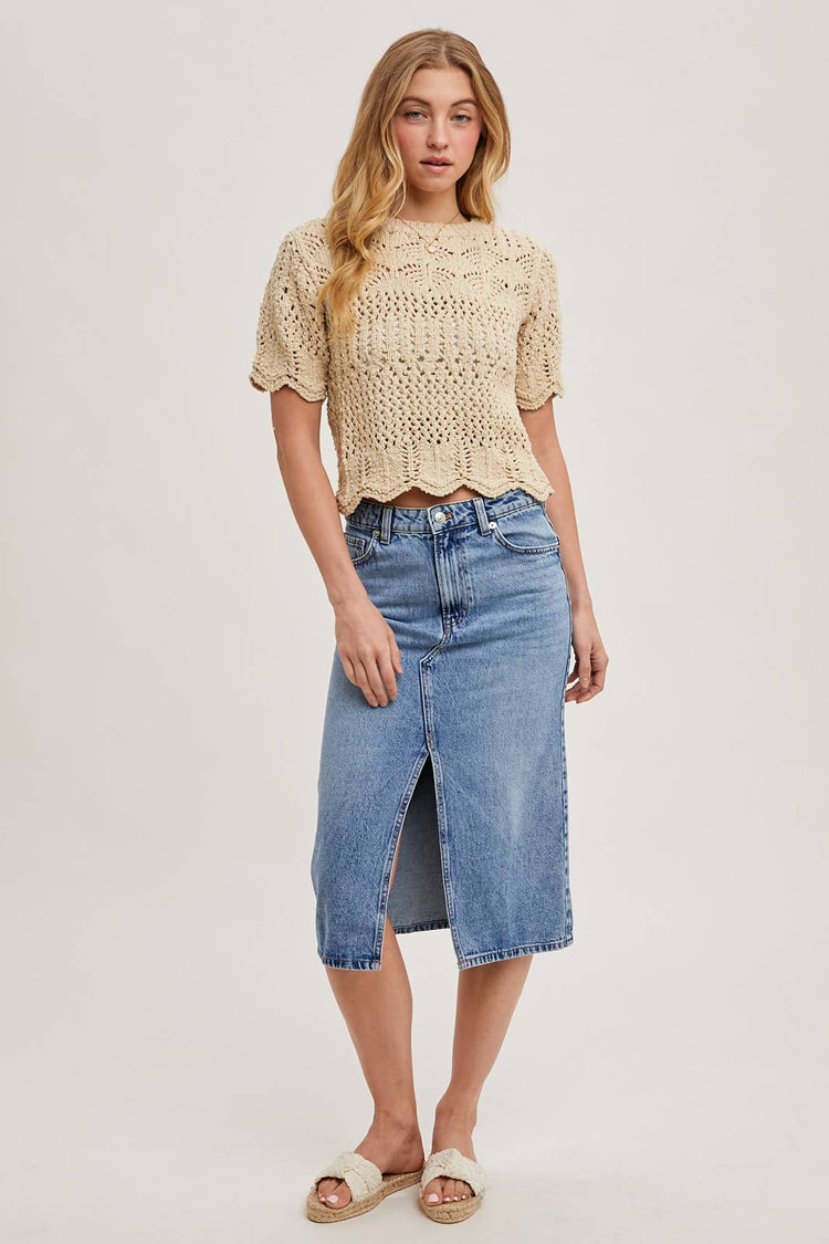 SHEER KNIT SWEATER WITH SCALLOPED HEM BOTTOM