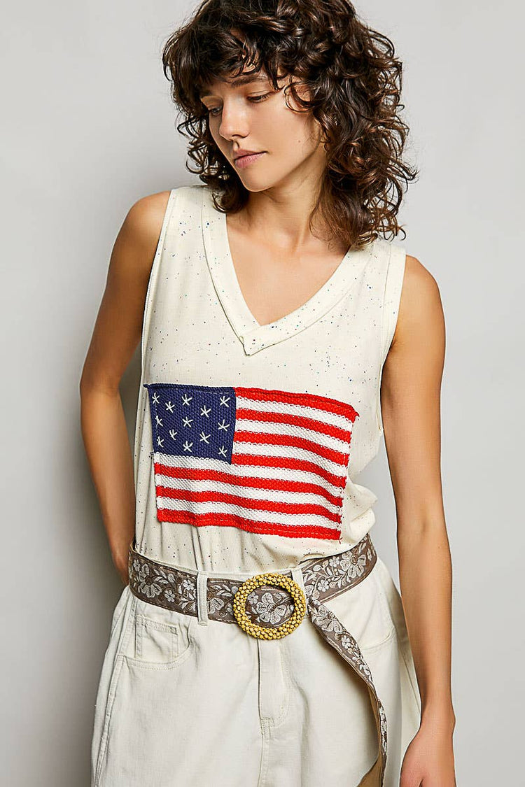 Handmade American Flag Patch Rib V-Neck Sleeveless Top