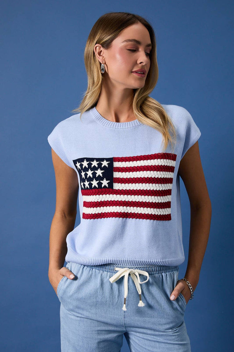 ROUND NECK WIDE SHOULDER USA FLAG SWEATER