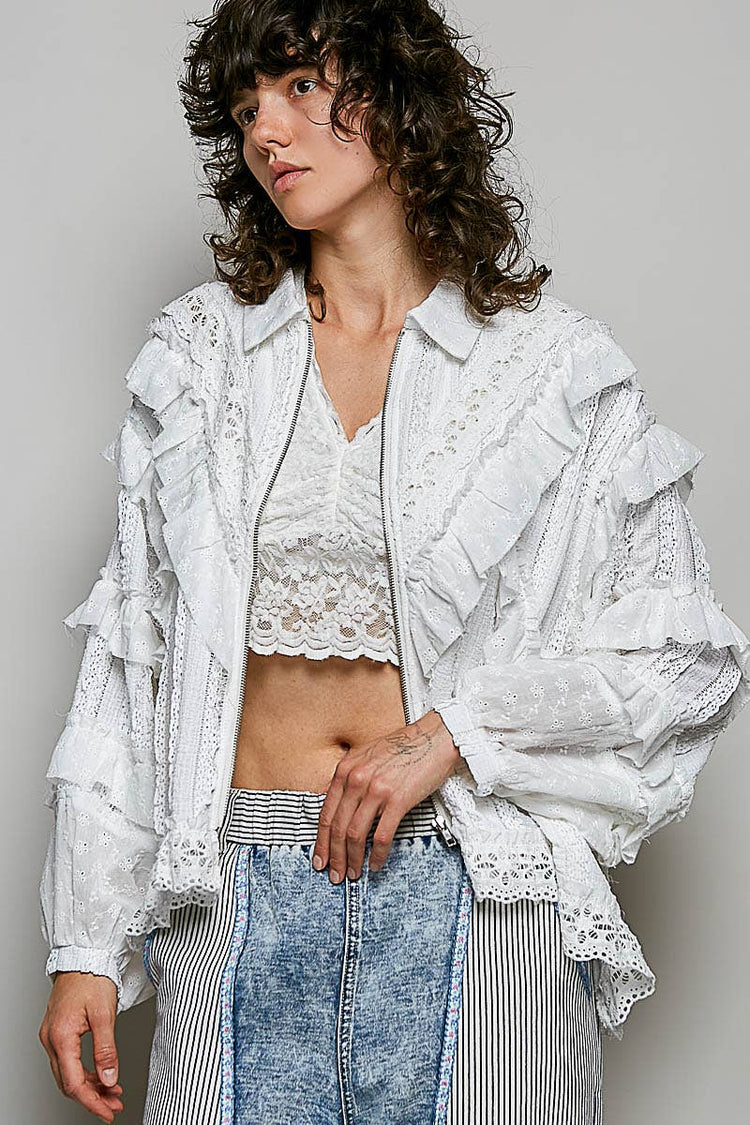 Feminine Eyelet Ruffle Floral Trim Lace Zip Front Jacket