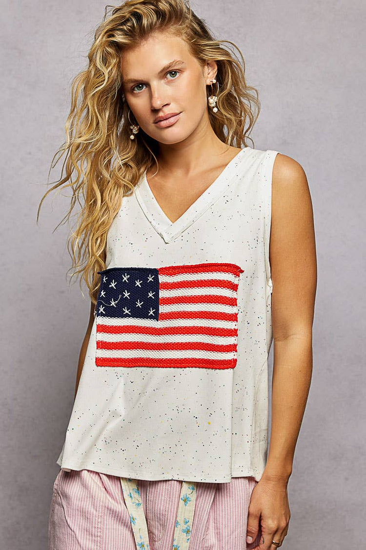 Handmade American Flag Patch Rib V-Neck Sleeveless Top