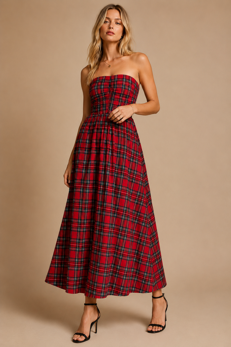 Strapless Tartan Plaid Ruched Midi Dress