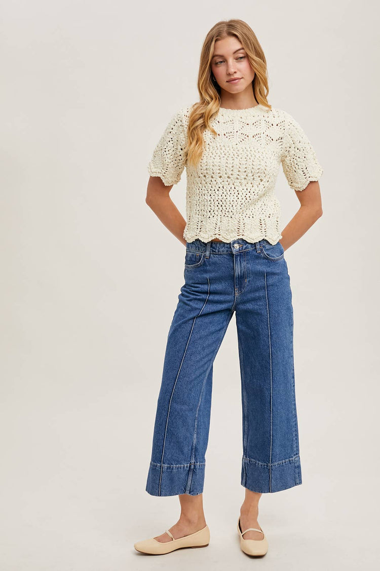 SHEER KNIT SWEATER WITH SCALLOPED HEM BOTTOM