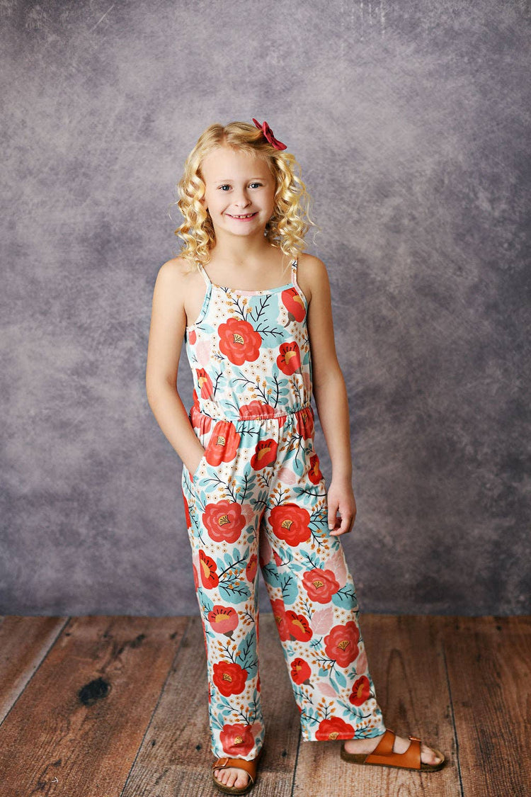 Kids Sage & Coral Floral Spring Summer Jumpsuit With Pockets