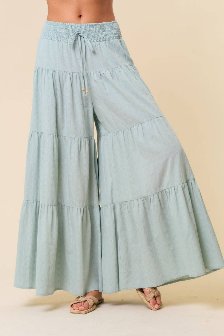 TIERED WIDE PANTS WITH SMOCKED WAIST