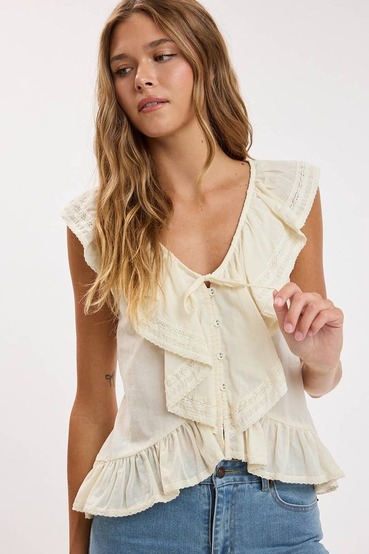 CASCADING RUFFLE LACE SOFT COLOR CAP SLEEVE TOP