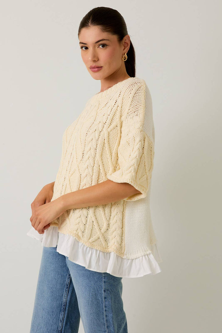 CABLE 3/4" SLEEVE KNIT WITH RUFFLE DETAIL