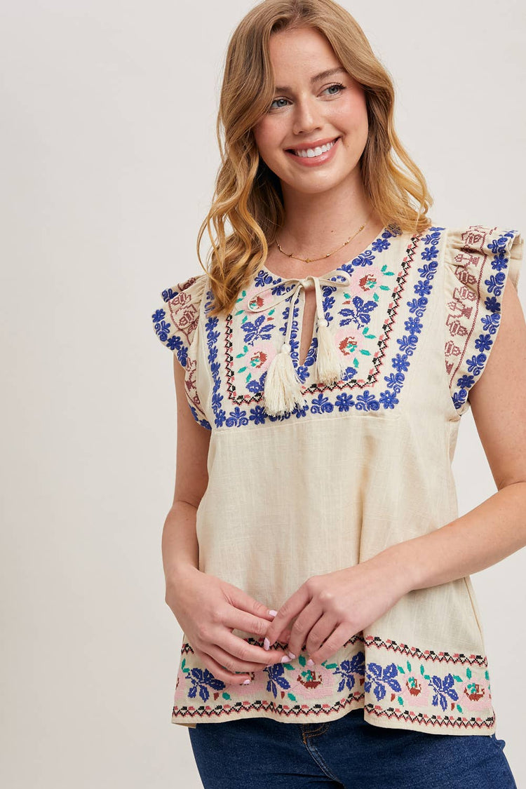BOHO EMBROIDERED RUFFLED SLEEVE DRAWSTRING TOP